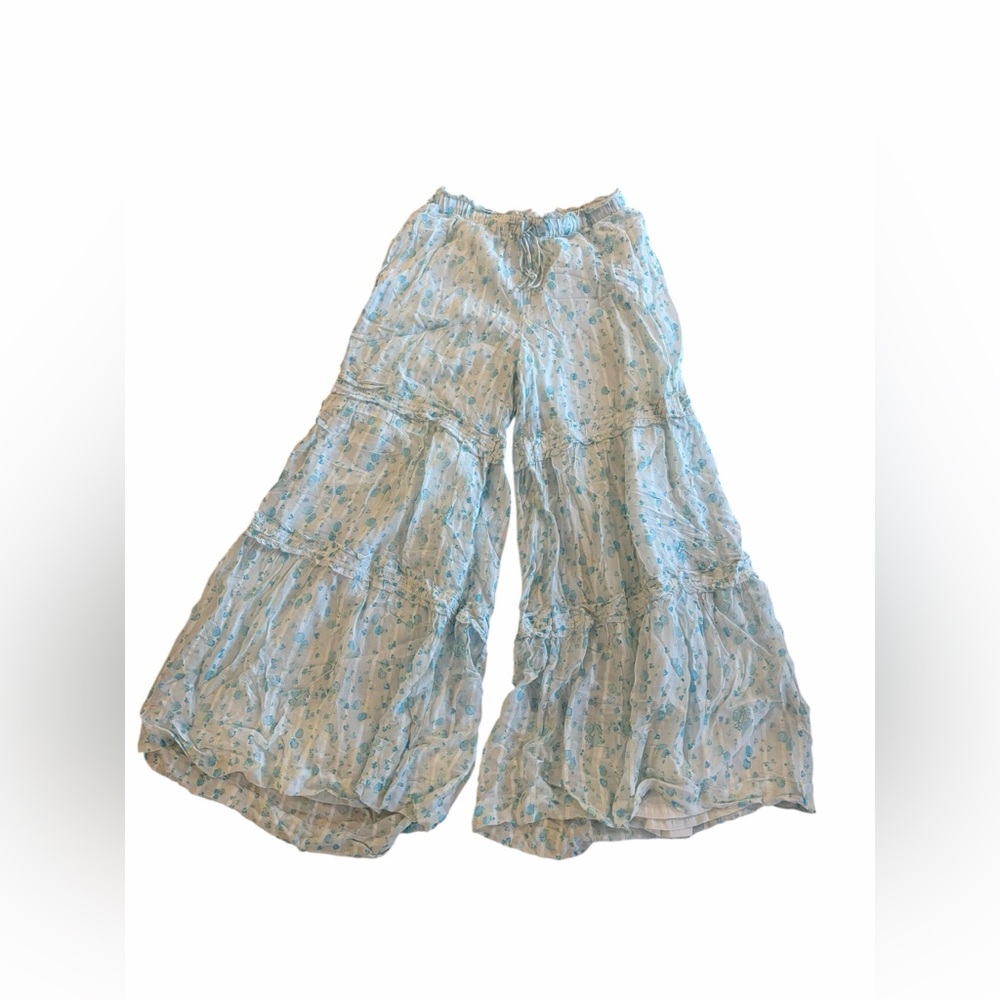Free People Emmaline Tiered Pull On Baby Blue Combo Floral Wide Leg Pants - Picture 2 of 8